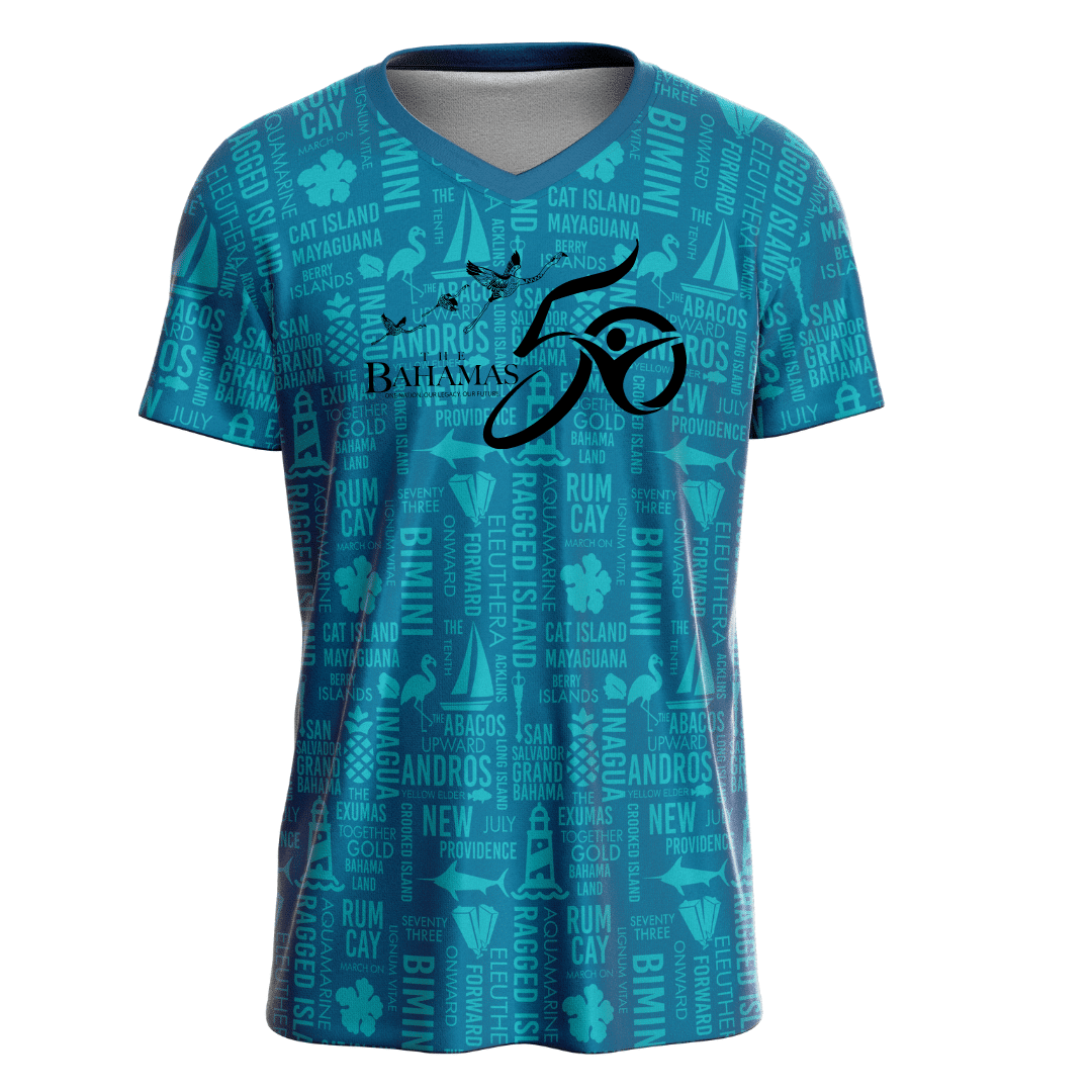 BAHAMAS 50TH ANNIVERSARY – AQUA UNISEX V-NECK ALL-OVER PRINT